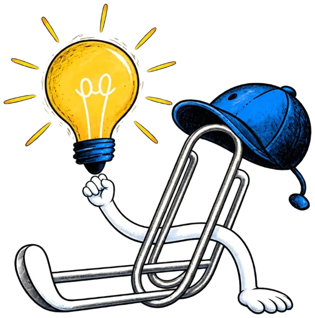 Paperclip mascot with a glowing idea — innovation